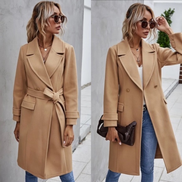 Trench Coat Double Breast Buttons belt pea coat - Picture 4 of 16